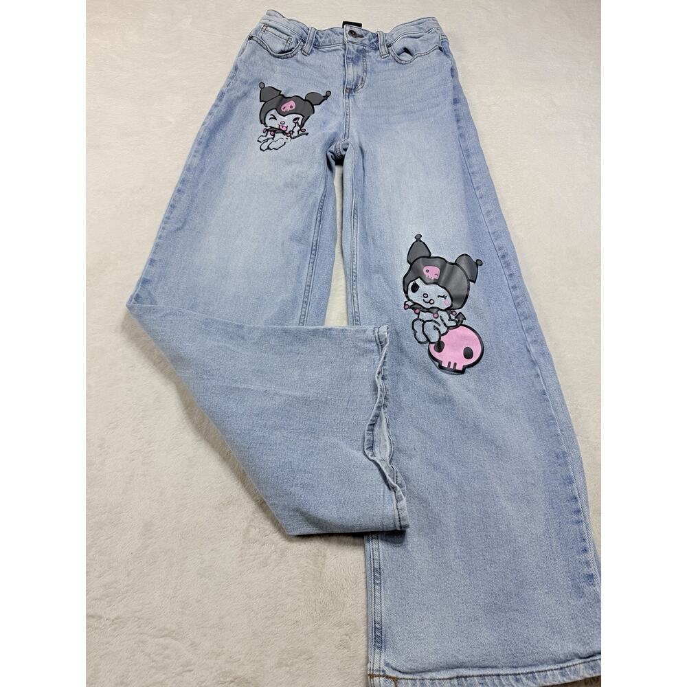 Sanrio Kuromi Wide Leg Jeans Light Wash Embroidered Graphic Women 30" Waist - Picture 2 of 13
